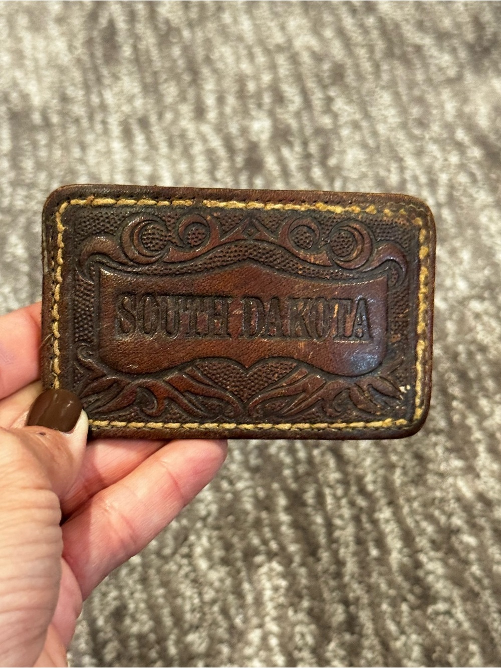 Vintage Tooled Leather South Dakota Belt Buckle Western Design